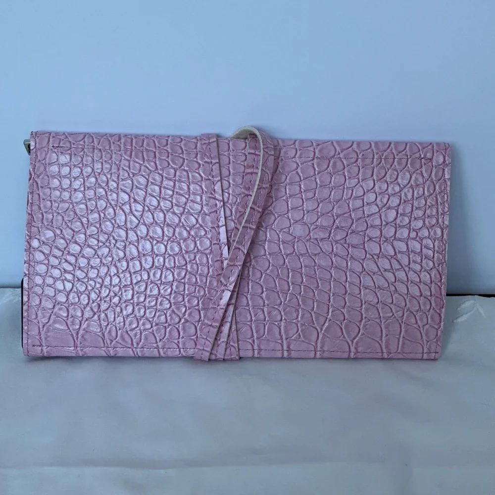 Tuscan Designs Pink Crocodile Embossed Leather Jewelry Roll Travel Organizer NWT